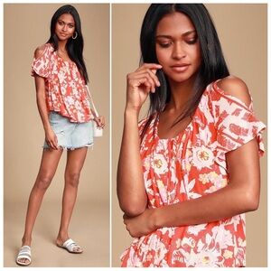 Free People Baja Babe Floral Print Tie-back Cold-shoulder Blouse Medium M